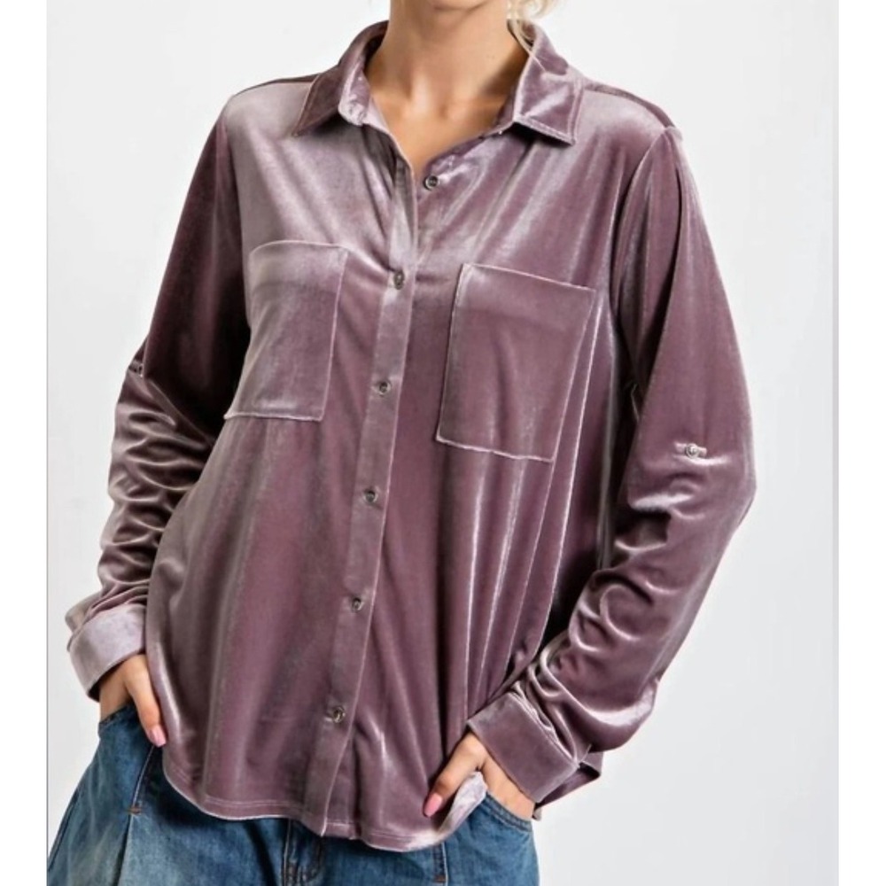 Easel Womens Velvet Button Down Shirt Mauve Grey Roll Tab‎ Sleeve Medium